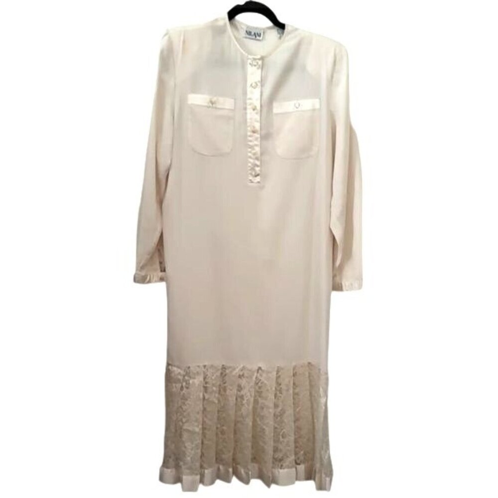 Nilani Womens Size 12 Cream Long Sleeve Polyester Dress With Pleated Hem